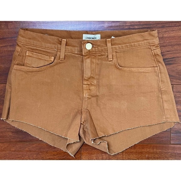 NWT L'AGENCE Camel Distressed‎ Denim Mid Rise Raw Hem Cutoff Jean Shorts 25 - Picture 2 of 7
